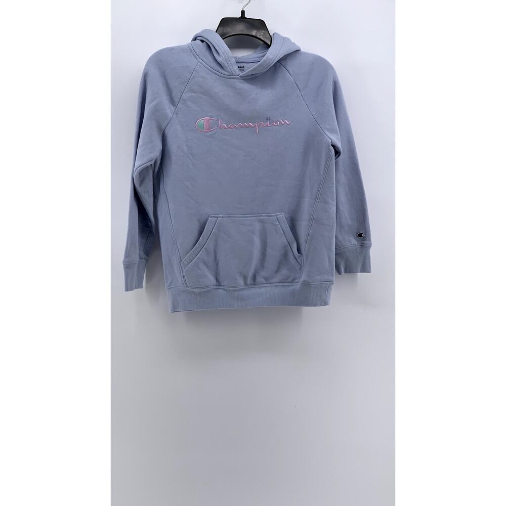 CHAMPION Girls Light Blue-Pink Script Logo Hoodie SZ XL